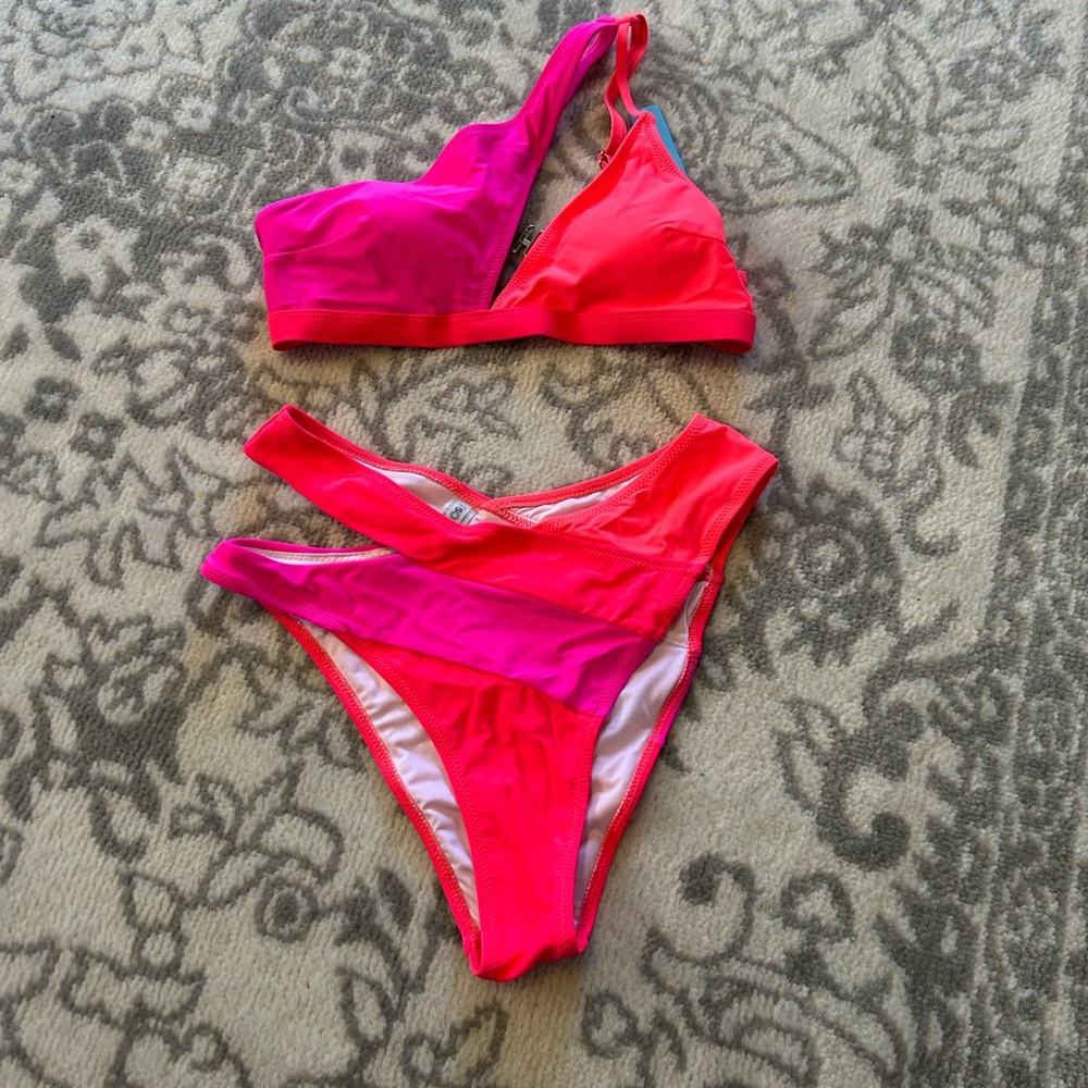 NWT Vibrant Pink and Red Cut Out High Waist Bikini Set